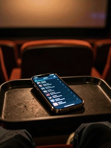 First-person perspective of a dim theater seat tray, a smartphone screen glowing with a dark menu, soft out-of-focus cinema screen in the background, dramatic amber lighting, 35mm