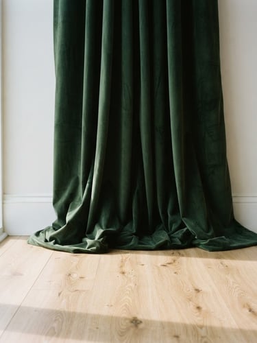 Straight-on architectural crop of weighted hunter green curtains pooling perfectly on light oak vinyl flooring, dramatic window light, sharp focus, 35mm