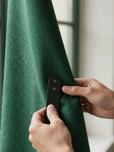 Close-up of hands holding a heavy hunter green fabric swatch next to a matte black metal tool, high-contrast natural light, sharp focus, 35mm