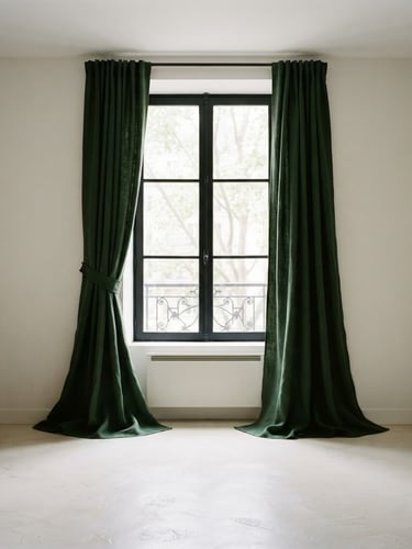 Straight-on architectural shot of a minimalist room with deep hunter green curtains pooling on an ivory floor, dramatic window light, 35mm