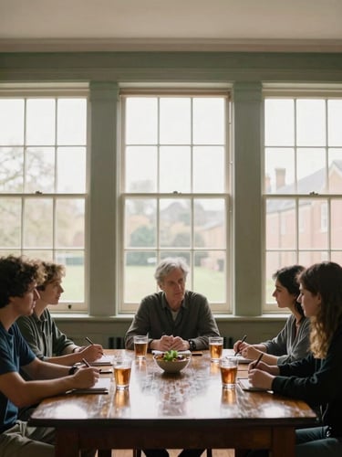 Interior of a historic Hertford townhouse, soft natural light streaming through large sash windows onto a polished mahogany table, quiet collaborative moments, muted forest green and cream tones.