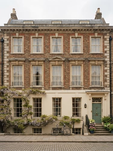 Wide shot of the historic Hertford townhouse exterior, soft natural overcast daylight, focus on architectural details and large sash windows, muted forest green and cream tones, 35mm