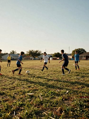 Wide shot of children playing soccer on a community field at golden hour, low angle, worn grass, authentic documentary photography, 35mm film grain, capturing the joy of play