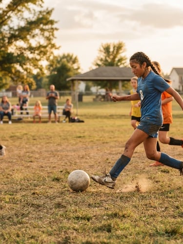 Dynamic low-angle action shot of diverse youth playing soccer on a community field at golden hour, worn sneakers kicking a ball, Noblesville, Indiana. The field is slightly worn but full of life, with a few spectators in the background. Authentic documentary style, 35mm film grain, right third composition.