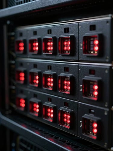 Low-key, high-contrast macro shot of a server rack interface, sharp red LED indicators reflecting off obsidian metal panels, shallow depth of field, technical command-line atmosphere.