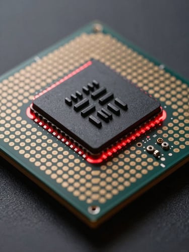Extreme macro shot of a custom silicon processor, illuminated by sharp laser-red edge-lighting, deep obsidian shadows, technical and precise.