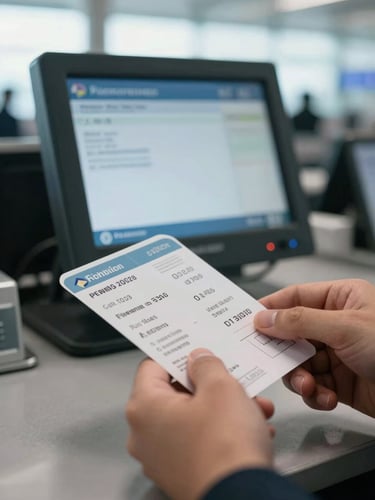 Close-detail shot: a hand holding a printed boarding pass over an airport check-in counter, a confirmation screen visible and slightly blurred in the background, cool natural daylight from a terminal window, shallow depth of field, the focus on the ticket and the act of resolution — no faces, no uniforms