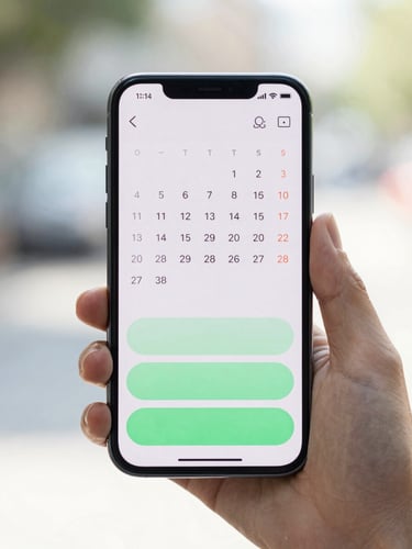 A close-up of a hand holding a modern Android smartphone in bright natural daylight, displaying a clean, high-contrast calendar interface with large text and soft green buttons, shallow depth of field.