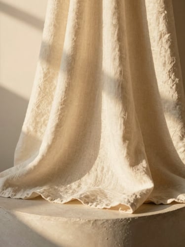 A close-up detail of premium warm cream linen fabric draped elegantly over a neutral plaster pedestal, soft golden-hour window shadows, shallow depth of field, 35mm