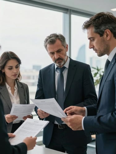 Medium-close shot of Azerbaijani corporate professionals in a modern Baku office analyzing structured tax documents under soft morning window light