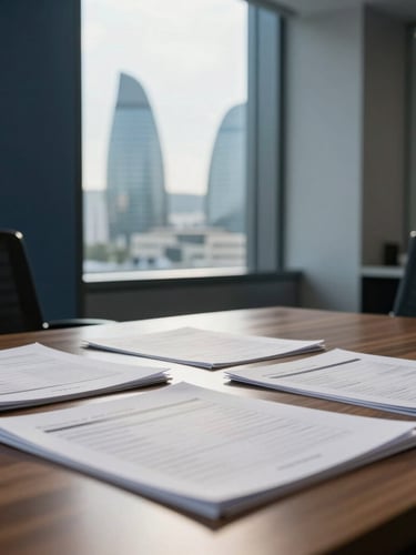 Modern corporate office in Baku with cool morning window light, structured documents on a large wooden table, professional atmosphere, 35mm lens
