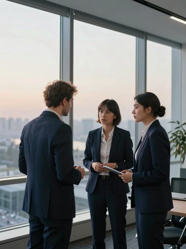 Modern corporate office interior in Baku, soft morning daylight through high windows, professional colleagues in discussion, deep navy tones, 35mm lens.
