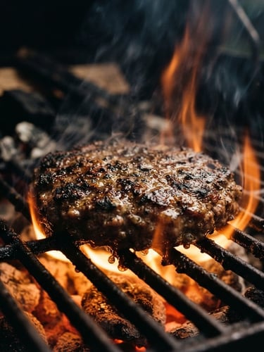 Moody close-up of a premium thick burger patty searing on a blazing open flame grill, glowing orange embers beneath, smoke rising, low-key warm lighting, 35mm film texture