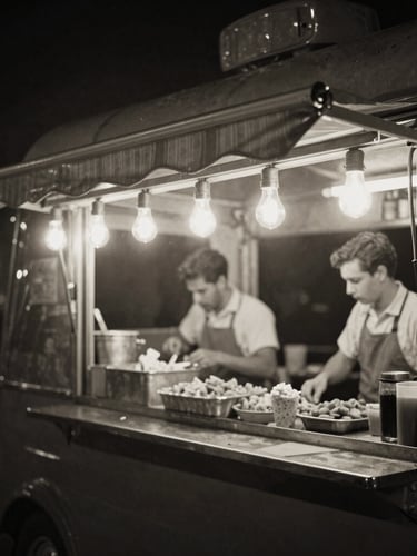 Vintage black and white photo of an authentic street food trailer at night, glowing warm light bulbs hanging from the awning, soft focus customers in the background, cinematic grain