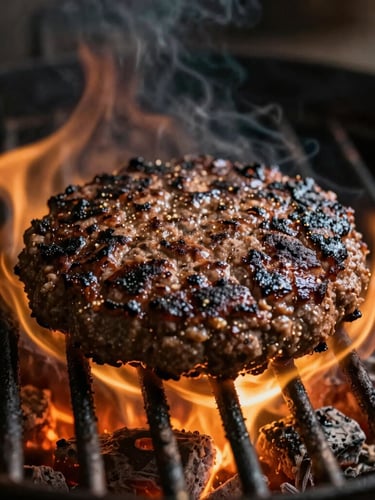 Macro portrait shot of a thick, juicy burger patty sizzling on a hot charcoal grill, flames licking the edges, warm golden embers, low-key lighting.