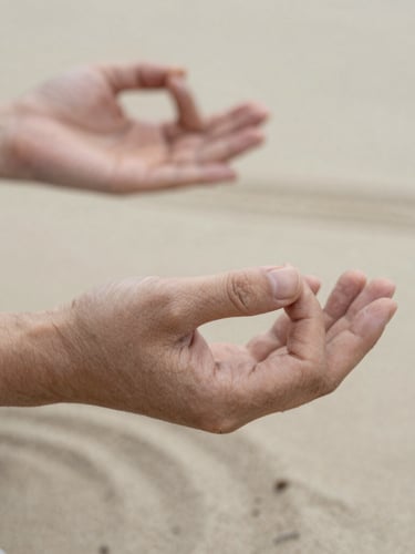 Close-up of weathered hands in a gentle Qi Gong mudra, soft focus background of raked sand, diffused natural light, muted earth tones, shallow depth of field.