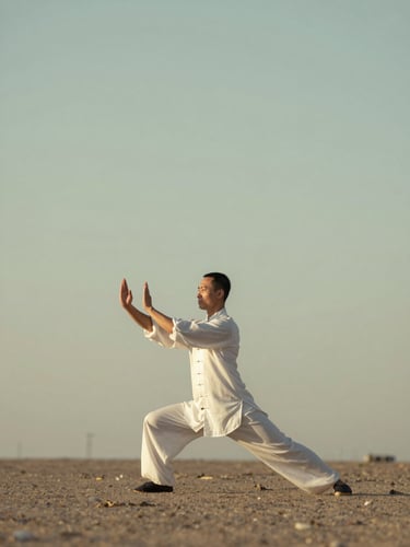 Figura solitaria in una posa di Qi Gong, mani aperte verso il cielo, in un ambiente naturale con luce diffusa e ampi spazi vuoti, spalle al tramonto.