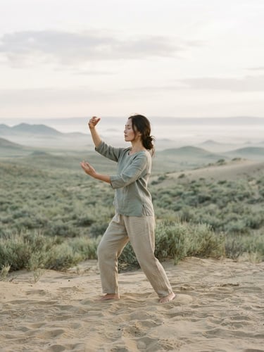 Solitary figure in a graceful Qi Gong posture, hands gently raised, bathed in soft diffused morning light, expansive natural landscape with low horizon, muted sage and sand tones, elegant composition.