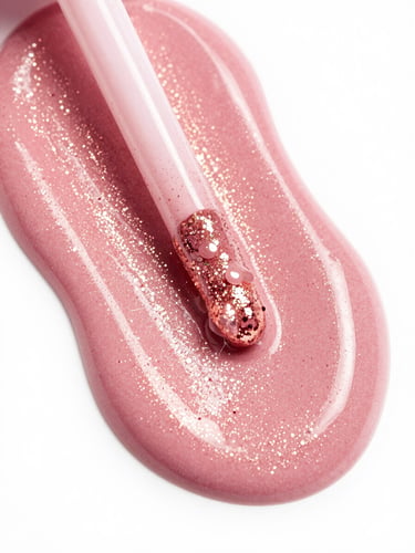 Macro close-up of dripping hot-pink lip gloss texture with reflective rose-gold glitter flecks, bright studio strobe lighting, high-contrast