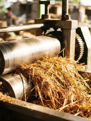 A close-up of industrial automated feed processing machinery, stainless steel rollers pressing golden-brown straw, warm natural sunlight, 35mm
