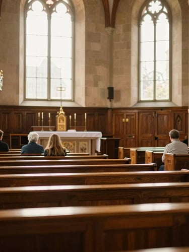 Wide panoramic interior of Evangelische Friedenskirchengemeinde Bonn sanctuary, warm natural light streaming through large windows, empty pews facing an altar, rich wooden details, soft golden-hour light
