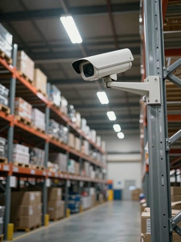 Wide environmental shot inside a large warehouse, a HD security camera mounted high on a steel column in the right foreground, rows of industrial racking receding into depth, cool overhead fluorescent lighting, no people