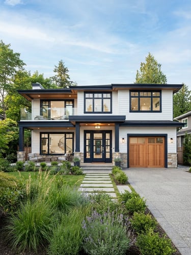 Wide architectural shot of a modern luxury home exterior, flawless white siding, dark navy trim, bright daylight
