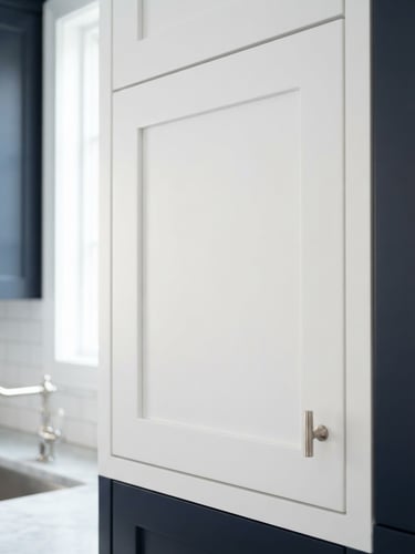 Macro close-up of a perfectly sprayed white kitchen cabinet door, crisp satin finish, natural side lighting