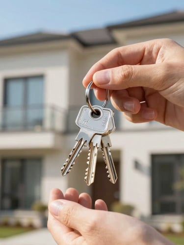 Close-up of hands holding a set of sleek modern house keys with a blurred contemporary home facade in the bright morning light background