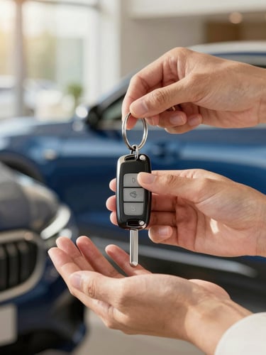 Close-up of hands receiving modern car keys in a bright, sunlit contemporary showroom, warm editorial photography, shallow depth of field, 35mm