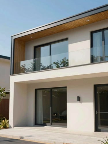 Bright natural daylight photo of modern contemporary house architecture, clean lines, professional framing, shallow depth of field, 35mm