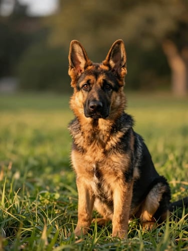 Close-up of a German Shepherd puppy sitting calmly in lush green grass, soft golden-hour sunlight filtering through trees, shallow depth of field, natural and serene