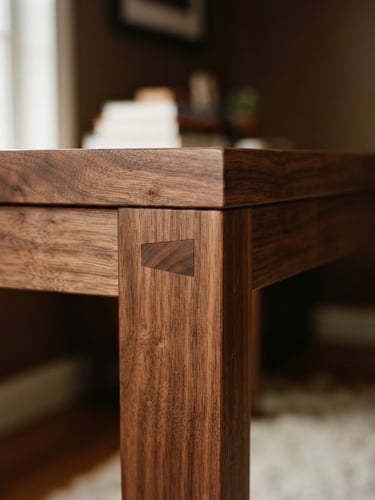Low-angle close-up of a solid walnut desk corner, showing continuous grain and mortise-and-tenon joinery, soft directional window light, medium format film.