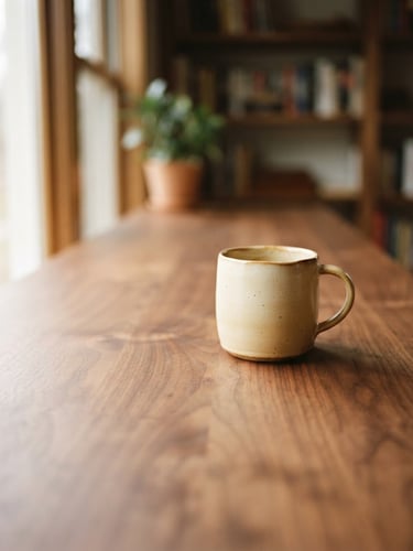 Low-angle medium shot of a solid walnut writing desk under soft directional window light, a single ceramic mug resting on its continuous grain surface, medium format film style.