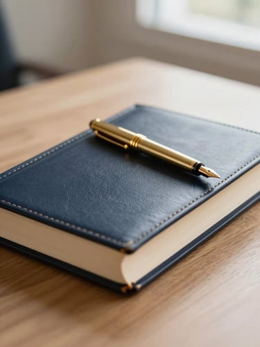 Close-up of a professional desk with a leather-bound Colombian legal code book, a gold fountain pen resting on top, warm natural window lighting, soft shadows, 50mm lens