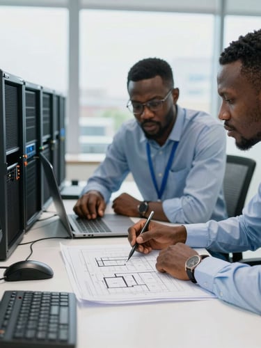 Local Nigerian network engineers collaborating over architectural blueprints in a bright, modern corporate office in Ibadan, tools and server components visible on the table, professional 35mm.