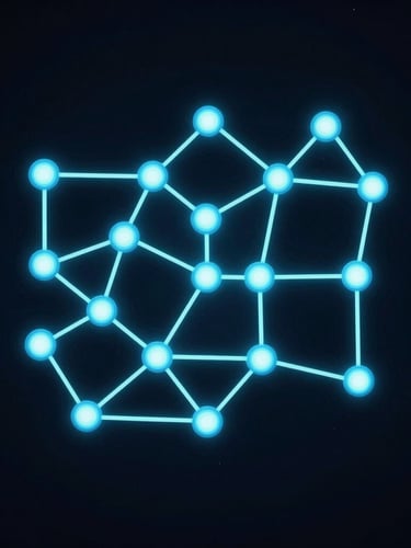 Abstract node-based workflow diagram with glowing cyan connections on a deep midnight background, sharp high-contrast studio lighting, modern tech aesthetic.