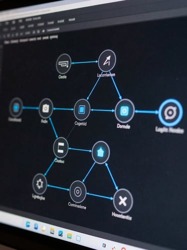 Extreme close-up of a clean computer screen displaying a logical node-based workflow diagram with glowing blue connections, dark background, sharp focus.