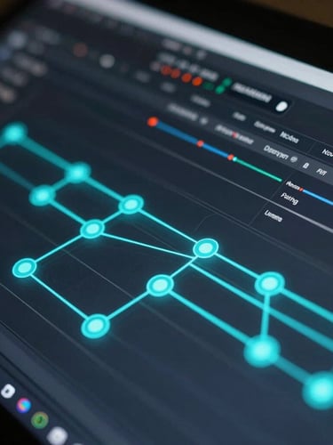 Extreme close-up of a modern node-based workflow interface with glowing cyan lines connecting logical steps, dark background, technical precision