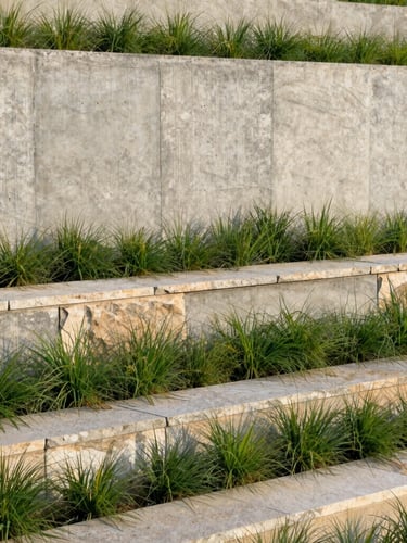 Close-up of a massive board-formed concrete retaining wall meeting structured limestone steps, native grasses planted in the crevices, crisp morning light