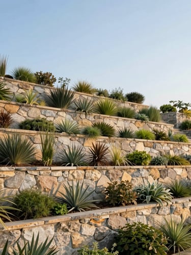 Wide-angle architectural shot of a massive engineered stone retaining wall with integrated native plantings, crisp morning light
