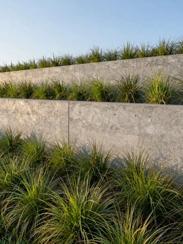Wide-angle architectural landscape photography of a modern concrete retaining wall integrated with native grasses, crisp morning sunlight, slate gray stone textures