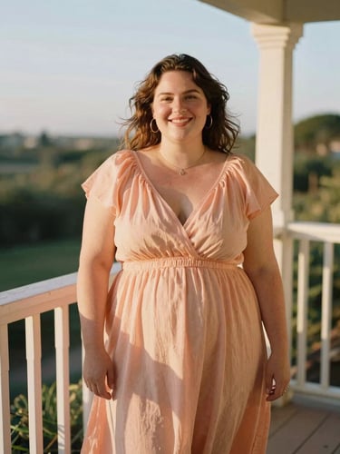 A warm environmental portrait of a smiling woman of size 2X in a flowing peach dress standing on a sun-drenched veranda, golden hour light, medium format film.