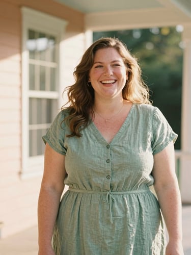 Warm sun-drenched outdoor portrait of a laughing plus-size woman in a sage green linen dress, standing near a classic Southern veranda