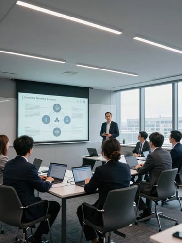 Wide shot of a corporate training room, instructor standing at a presentation screen showing a cybersecurity framework diagram, attentive professionals in business dress seated at tables with laptops, natural daylight from large windows, cool-toned modern interior