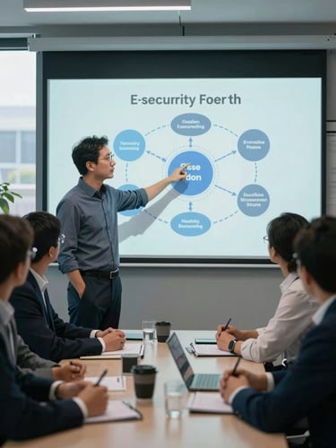 Close medium shot of an instructor pointing at a projected screen showing a cybersecurity framework diagram, a small group of attentive professionals at a table in the foreground, cool daylight from a side window, corporate setting, no smiles or posed expressions