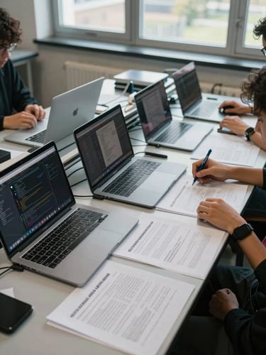 Wide overhead shot of a university lab station—laptops open showing dashboards and code, printed capstone project briefs spread across the desk, students' hands visible collaborating over the materials under cool natural window light