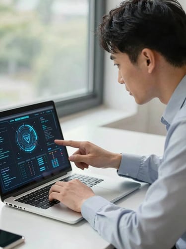 Close-up medium shot of an instructor pointing at a laptop screen showing a cybersecurity dashboard, a professional in corporate dress leaning in to review the data, natural daylight from a north-facing window, clean desk environment