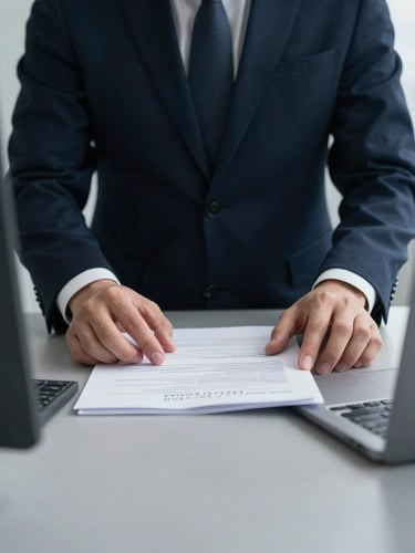 Close-up of professional hands reviewing technical customs documents on a clean slate table, cool overcast daylight, deep navy tones, architectural framing, 35mm
