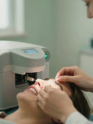 Close-up de mãos de dentista usando um escâner digital 3D em um paciente sorrindo, com luz natural suave, tons de verde sálvia e areia, foco no detalhe da tecnologia indolor, warm editorial photography, shallow depth of field.